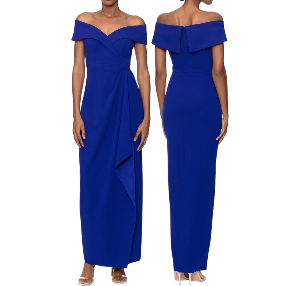 XSCAPE Royal Blue Slitted Ruffle Off Shoulder scuba Formal Gown Size 10